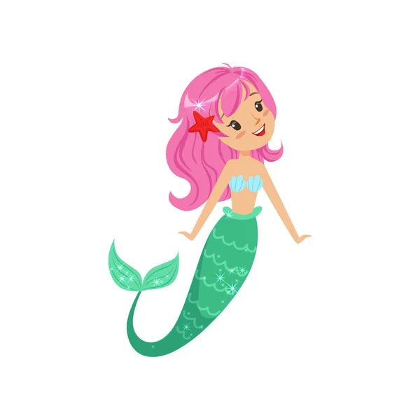 Personaje de sirena de dibujos animados con pelo rosa y cola brillante. Hermosa criatura mítica del agua. Concepto de vida submarina. Ilustración vectorial plana — Archivo Imágenes Vectoriales