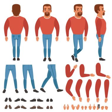 Düz vektör sakallı adam yapıcısının animasyon için. Tam uzunlukta geri, ön ve yan görüntüleyin. Vücut parçaları kollar, bacaklar, jestleri ver. Ayakkabı ve spor ayakkabı koleksiyonu