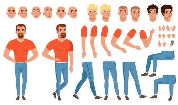 Conjunto de creación de hombre joven, constructor de animación. Carácter de longitud completa. Partes del cuerpo, emociones faciales, cortes de pelo y gestos en las manos. Vector plano aislado — Vector de stock