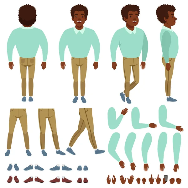 Curly-haired black man constructor. Cartoon creation set with various views front, side, back. Body parts, different hands gestures, collection of shoes. Isolated flat vector — Stock Vector