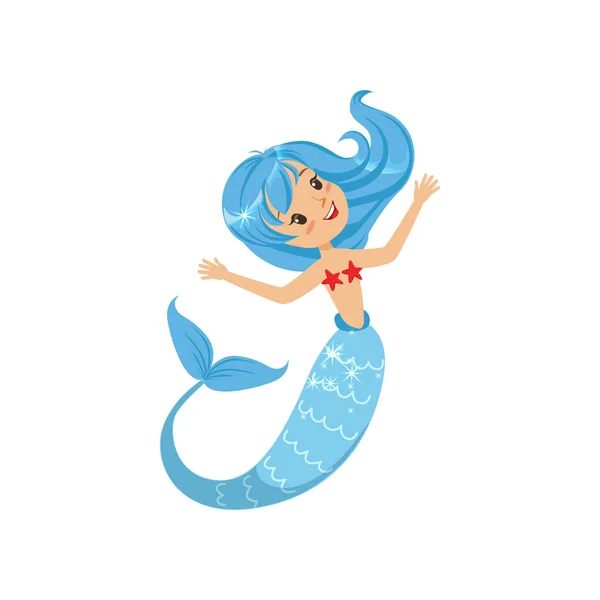 Hermosa sirenita del mundo submarino. Chica mítica de dibujos animados con pelo azul y cola de pescado. Tema mar y océano. Ilustración vectorial plana — Archivo Imágenes Vectoriales