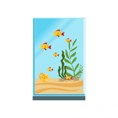 Kum, taş ve farklı yeşil algler ile uzun cam akvaryum egzotik balıkları. Deniz canlıları ile tank. Sualtı dünyasını. Renkli düz vektör çizim