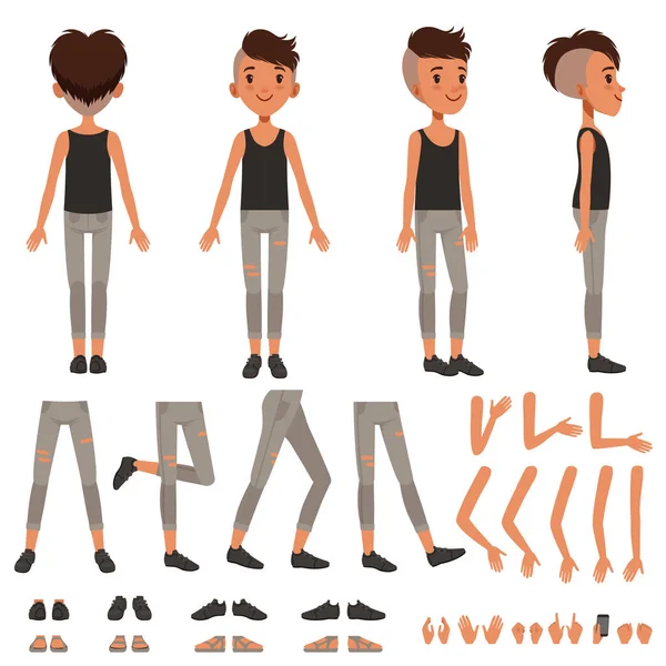 Set creazione personaggio ragazzo, studente ragazzo costruttore con pose diverse, gesti, scarpe vettoriale Illustrazioni — Vettoriale Stock