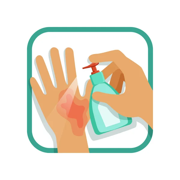 Treating hand injury with antiseptic. Home care treatment. First-degree burn. Flat vector design element for infographic, poster or brochure — Stock Vector