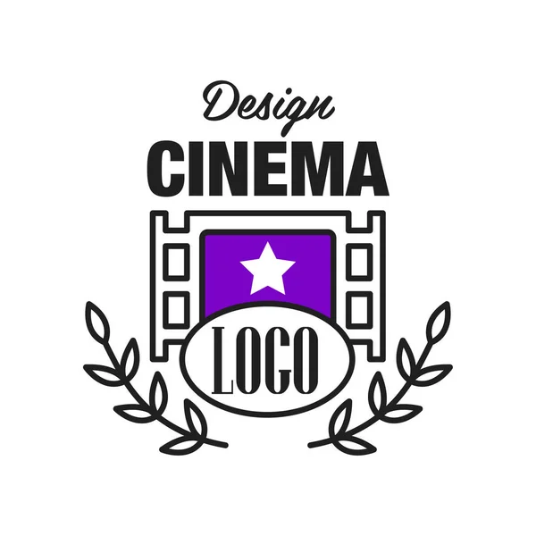 Platt film eller film logotyp malldesign med retro filmremsan och laurel grenar. Filmkonst emblem koncept. Line stil ikon vektorillustration. — Stock vektor