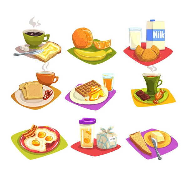 Classic breakfast ideas set. Cartoon illustration with coffee and toast with butter, fruits, milk and croissant, fried eggs and bacon, waffles with honey. Flat vector — Stock Vector