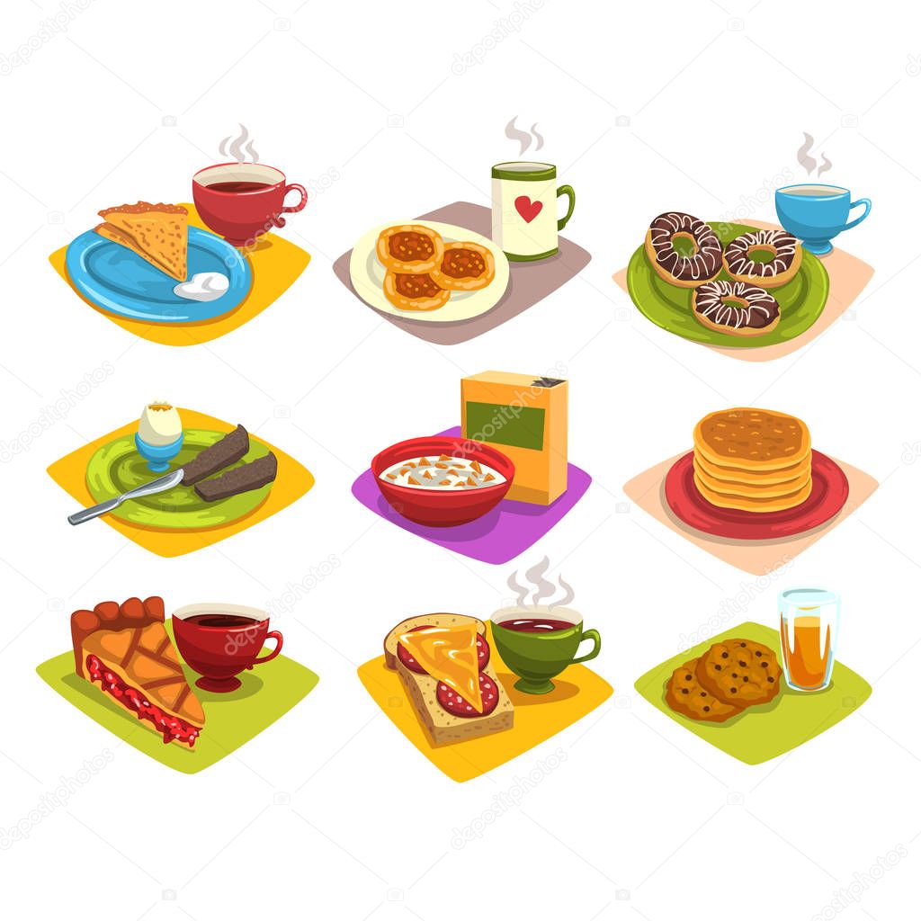 Classic breakfast ideas set. Cartoon illustration with pancakes and coffee, donuts, boiled egg, corn flakes, pie and tea, sandwich, cookies. Flat vector