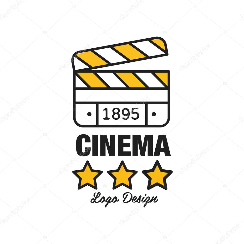 Black and yellow cinema or movie logo template creative design with stars, clapperboard and text. Flat line style vector icon illustration.