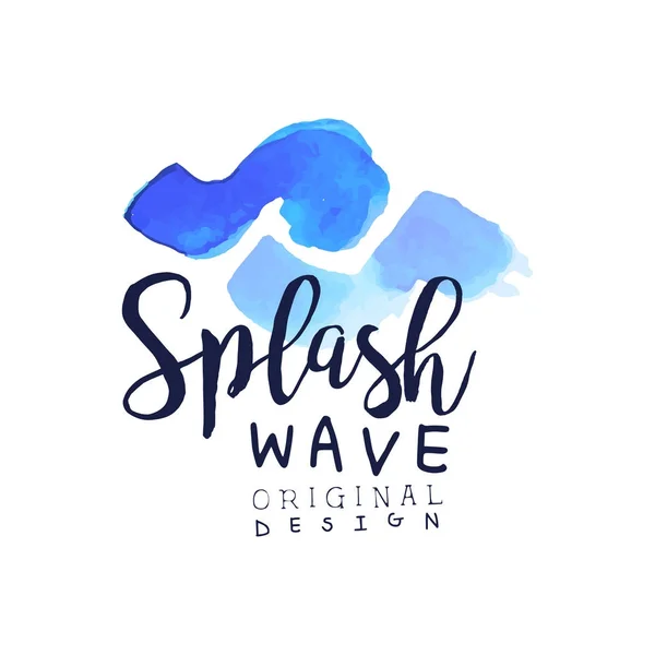 Plantilla de logotipo de diseño original Splash wave, etiqueta azul aqua, insignia de agua abstracta acuarela vector ilustración — Archivo Imágenes Vectoriales