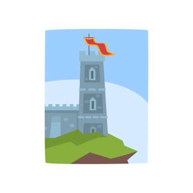 Uçurumun kenarında fantazi kalesinde. Ortaçağ Kalesi simgesi. Tarihi mimarisi. Masal Krallık ile manzara. Davetiye, kitap kapağı veya tasarlamak için düz vektör tasarımı.