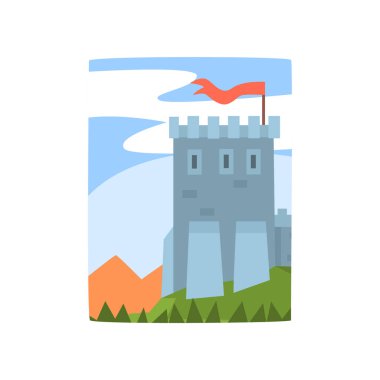 Muhteşem kale, dağ ve orman, yatay çizgi. Ortaçağ Kalesi yeşil tepe, mavi gökyüzü arkasında tarih. Poster, web veya mobil uygulaması için düz vektör