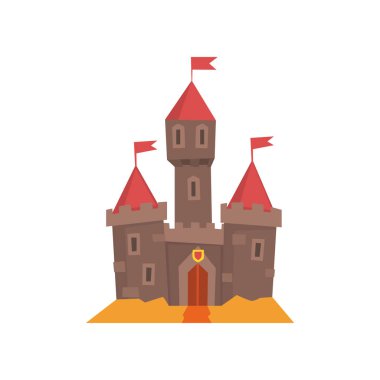 Medieval castle with flanking towers, wooden gate and flags on conical roof. Fairy tale building. Historical architecture. Flat vector design for book cover, postcard or mobile app clipart