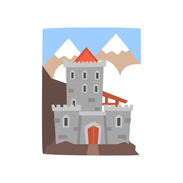 Vechiul castel medieval cu peisaj montan. Cetatea cu poartă din lemn, ferestre arcuite și turnulete defensive. Design vectorial plat pentru carte de poveste, joc mobil sau carte poștală — Vector de stoc