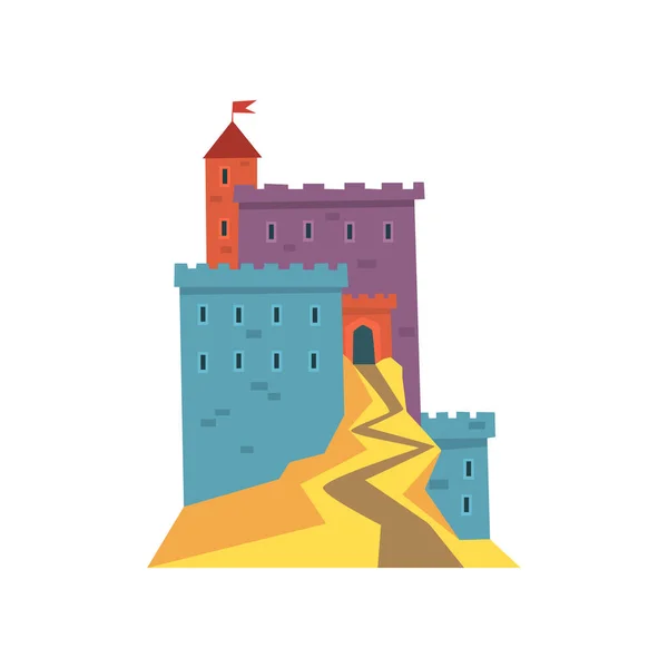 Colorful ancient fortress. Red heraldic flag on tower. Cartoon castle architecture. Historical building. Flat vector design for landmark icon or mobile app — Stock Vector