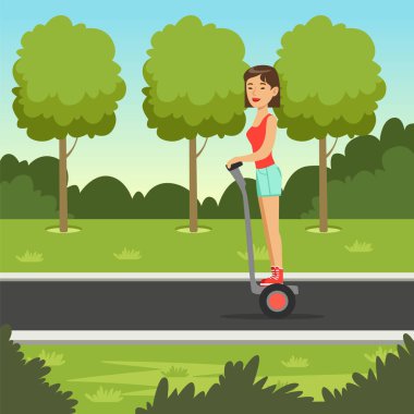 Genç sportif kız parkta sporcumuz kendini modern elektrikli scooter vektör çizim Dengeleme üzerinde scooter üzerinde sürme