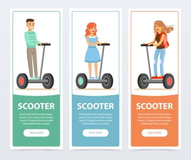 İnsanlar üzerinde elektrik jiroskop sürme, scooter kişisel elektrikli araç kümesi, akıllı ve şık düz vektör öğeleri Web sitesi ya da hareket eden app için afiş