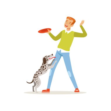 Neşeli Kızıl saçlı adam köpeğiyle oynuyor. Adam açık havada evde beslenen hayvan ile eğleniyor. Kazak ve kot pantolon erkek karakter karikatür. Evcil hayvan. Düz vektör