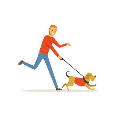 Köpek koşu sabahı mutlu Kızıl saçlı adam. Rahat kıyafetler içinde şık saç kesimi ile genç bir adam. Erkek karakter evde beslenen hayvan ile eğleniyor. İnsan en iyi arkadaşı. Düz vektör