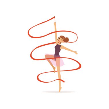 Kırmızı kurdele ile profesyonel jimnastikçi kız dans. Profesyonel Ritmik Jimnastik spor. Mor tek parça streç giysi etek ile güzel bir kadın karakter. Yalıtılmış düz vektör