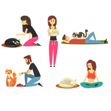 Mutlu insanlar onların cats ile ayarla, onların sahipleri karikatür vektör çizimler ile sevimli hayvanlar