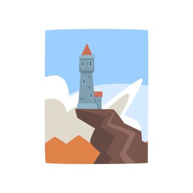 Küçük kale uçurumun tepesinde. Fantezi mavi gökyüzü ve beyaz bulutlar çevrili dağ tepe üzerinde kale. Düz vektör tasarımı için yazdırma, oyun veya çocuk s kitap kapağı