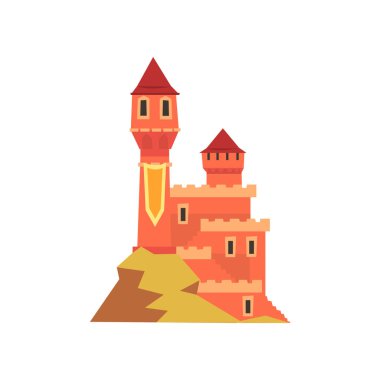 Kuleli tepede duran renkli royal castle. Simge Ortaçağ kale. Eski mimari. Çocuk s hikaye kitabı, kartpostal veya mobil oyun için düz vektör tasarımı