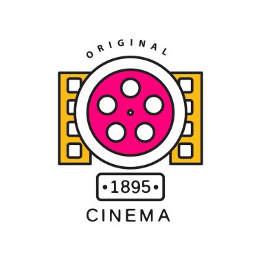 Sinema ya da film logo şablonu. Film endüstri etiket kavramı büyük retro reel ve film karesi ile. Düz çizgi vektör simge tasarlamak.