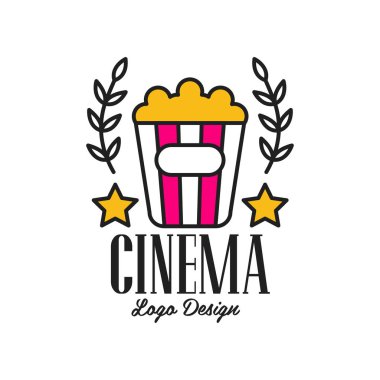 Renkli soyut sinema ya da film logo şablonu yaratıcı tasarım patlamış mısır, yıldız ve defne dalları ile. Düz çizgi stil vektör simge tasarlamak