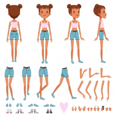 Teenager girl character constructor, creation set. Full length front, back and side view. Body parts and collection of shoes. Flat vector illustration clipart