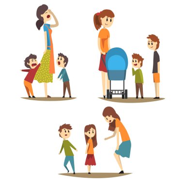 Tired housewife and loudly screaming sons, young mother with baby carriage and two boys next to her, woman scolding little girl. Motherhood concept. Flat vector illustration. clipart