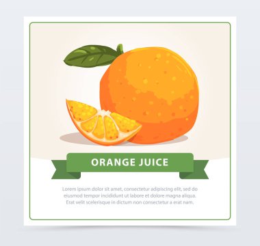 Küçük dilim ve yeşil yaprak ile tatlı taze turuncu. Doğal ve sağlıklı meyve kavramı. Renkli grafik tasarım kartı, poster ya da suyu ambalaj için. Elle çizilmiş vektör