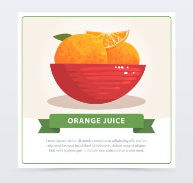 Karikatür kart kırmızı kapta sulu tropikal portakal. Sağlıklı yaşam ve organik meyve kavramı. Gıda vektör çizim el çekilmiş.