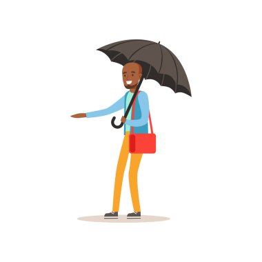 Afrika kökenli Amerikalı adam ayakta açık siyah şemsiye yakalamak bir araba, düz vektör çizim