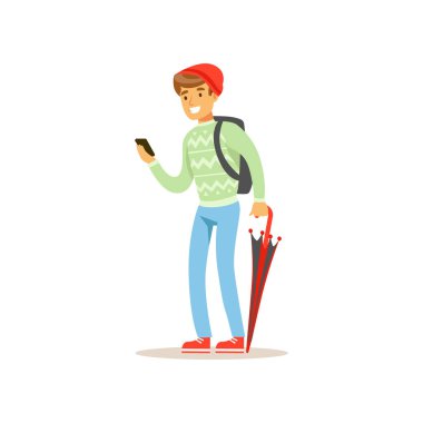 Gülümseyen adam telefon ve katlanmış şemsiye düz vektör çizim ile ayakta