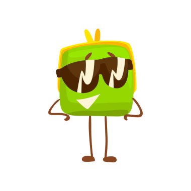 Güneş gözlüğü, komik yeşil insanlaşmış kese karikatür vektör çizim takıyor şirin çanta karakter