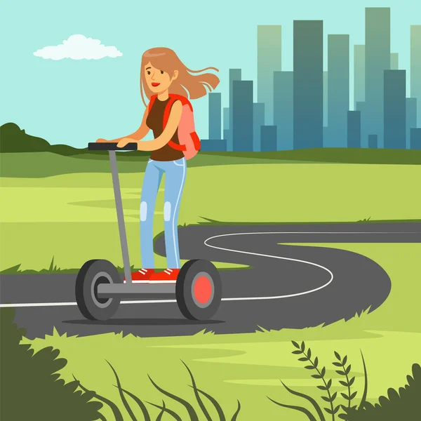 Jovem mulher esportiva montando em scooter no fundo da cidade, elétrico duas rodas veículo vetor ilustração —  Vetores de Stock