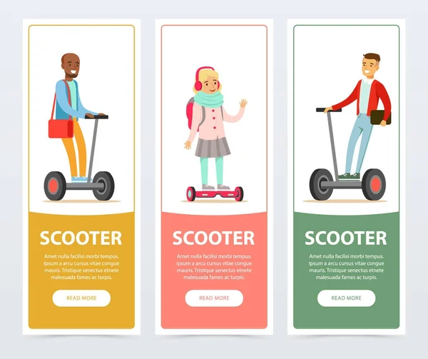 電動ジャイロに乗っている人、スクーターのバナーのウェブサイトやモバイル アプリの設定、知的でおしゃれな個人電気自動車フラット ベクター要素 — ストックベクタ