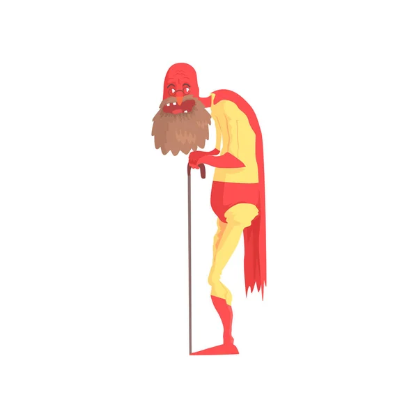 Gracioso abuelo superhéroe con bastón. Anciano barbudo en retiro. Personaje de dibujos animados en traje amarillo con capa roja y máscara. Vector plano aislado — Archivo Imágenes Vectoriales