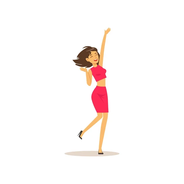 Schöne brünette Mädchen im Tanzschritt. fröhliche weibliche Figur, die Spaß an der Party hat. Tänzerin in rosa Rock und Hemd. isolierter flacher Vektor — Stockvektor