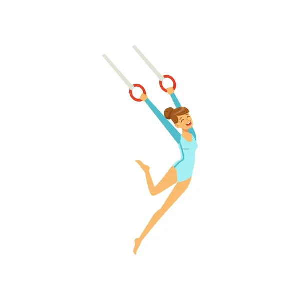 Young girl doing exercises, using flying rings. Artistic gymnastics. Cartoon sportswoman character in gymnast suit show athletic skill. Isolated flat vector — Stock Vector