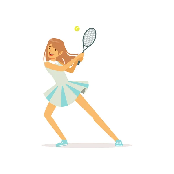 Söt flicka med tennisracket och boll. Professionell idrottskvinna spelar en aktiv sport spel. Kvinna character i uniform. Hälsosam livsstil. Isolerad platta vektor — Stock vektor