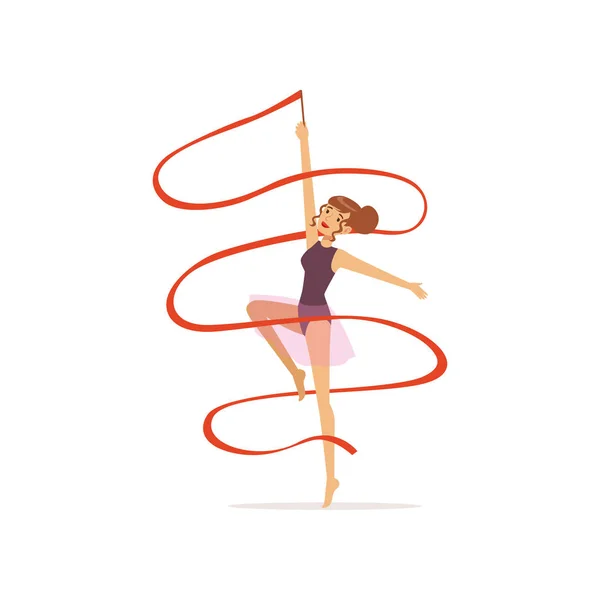 Professional gymnast girl dance with red ribbon. Professional rhythmic gymnastics sport. Beautiful woman character in purple leotard with skirt. Isolated flat vector — Stock Vector