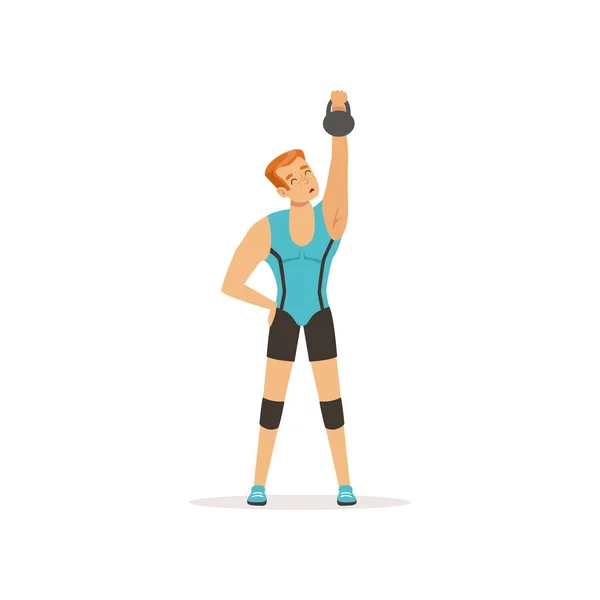 Strong man lifting weight above his head. Muscular guy in blue sportswear. Young sportsman training in gym. Weightlifting. Isolated flat vector — Stock Vector