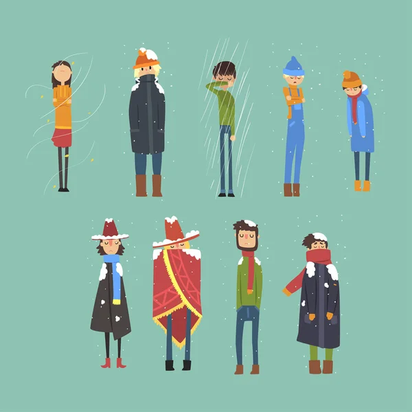 Flat vector set of cartoon freezing men and women. Cold, snowy and rainy weather. Flat people characters dressed in warm winter clothing — Stock Vector