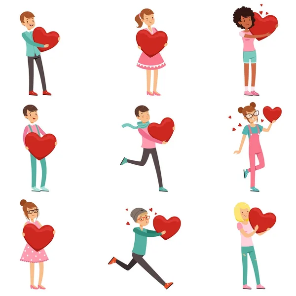 Cute enamored people characters set with paper red hearts in hands. Preparing for Valentine s Day. Flat vector on white. — Stock Vector