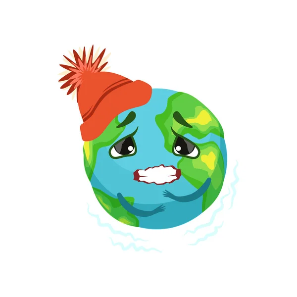 Tierra planeta carácter en rojo sombrero tembloroso, lindo globo con cara y manos vector Ilustración — Vector de stock