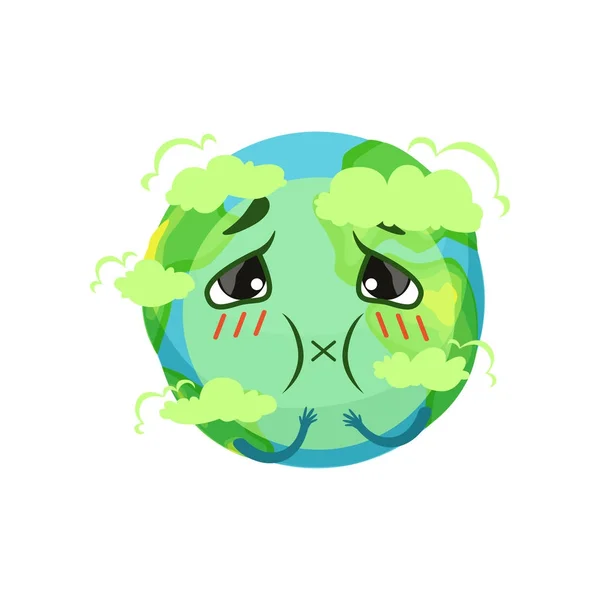 Tierra planeta carácter sofocante de dióxido de carbono, vector de contaminación atmosférica Ilustración — Vector de stock