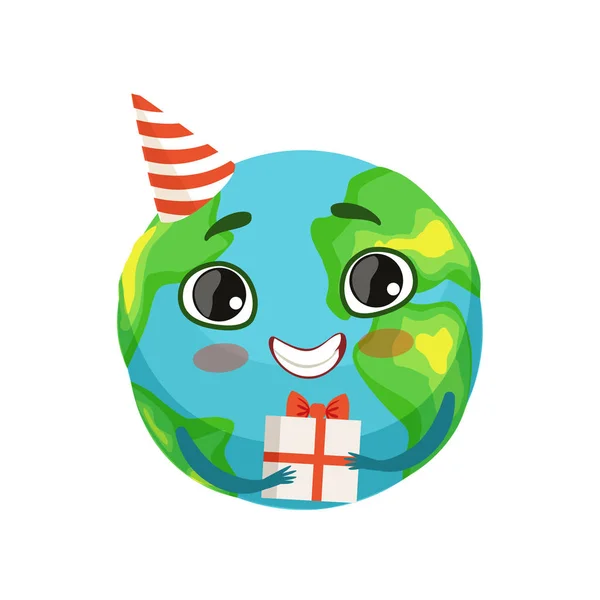 Funny Earth planeta personaje en partido sombrero celebración caja de regalo, lindo globo con sonriente cara y manos vector Ilustración — Vector de stock