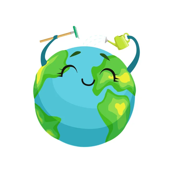 Tierra feliz planeta carácter limpieza de sí mismo con rastrillo y regadera, lindo globo con sonriente cara y manos vector ilustración — Vector de stock