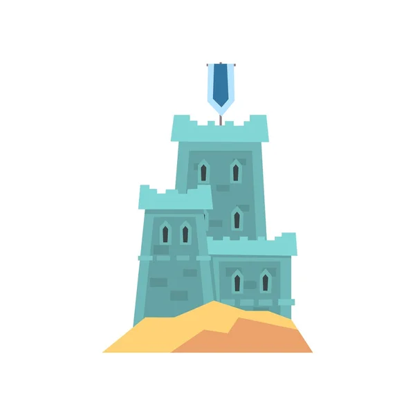 Mała, średniowieczna twierdza w kolorze niebieskim. Starego zamku królewskiego na wzgórzu. Zabytkowy budynek. Projekt płaski wektor dzieci s książki, gród ikona lub gra komórkowa — Wektor stockowy